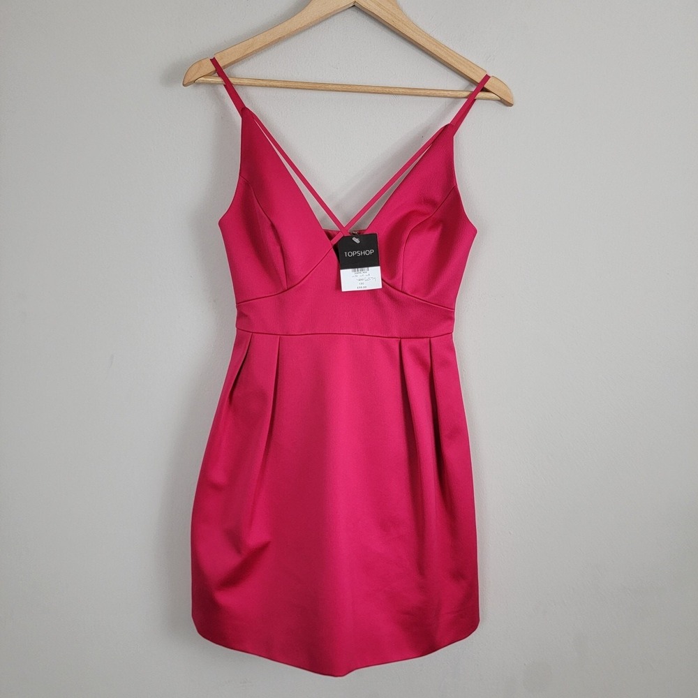TopShop Fit and Flare Mini Dress Womens‎ 4 Pink Back Zip VNeck Party Night Out